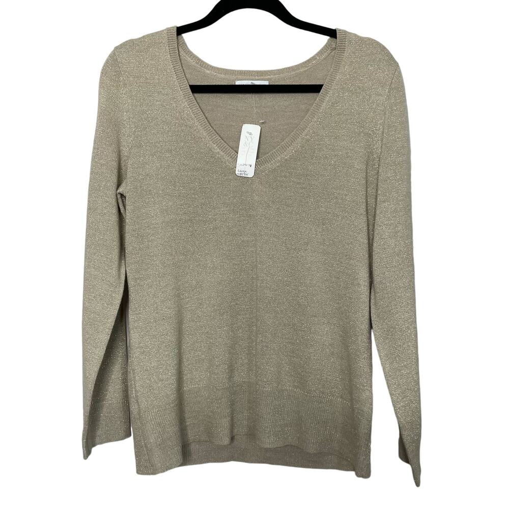 New York Company Pullover Sweater V Neck Knitted Long Sleeve Beige Large NWT